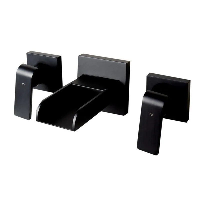 Special Discount ALFI Brand AB1796-BM Black Matte Wall-Mounted Widespread Waterfall Spout Brass Bathroom Sink Faucet With Two Lever Handles
