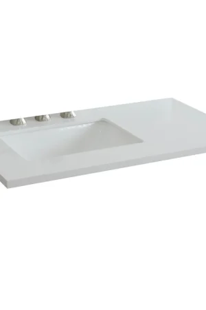 Order Now Bellaterra Home 37" x 22" White Quartz Three Hole Vanity Top With Left Offset Undermount Rectangular Sink and Overflow
