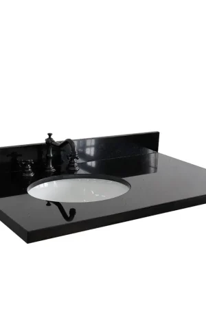 Editor’s Pick Bellaterra Home 37" x 22" Black Galaxy Granite Three Hole Vanity Top With Left Offset Undermount Oval Sink and Overflow