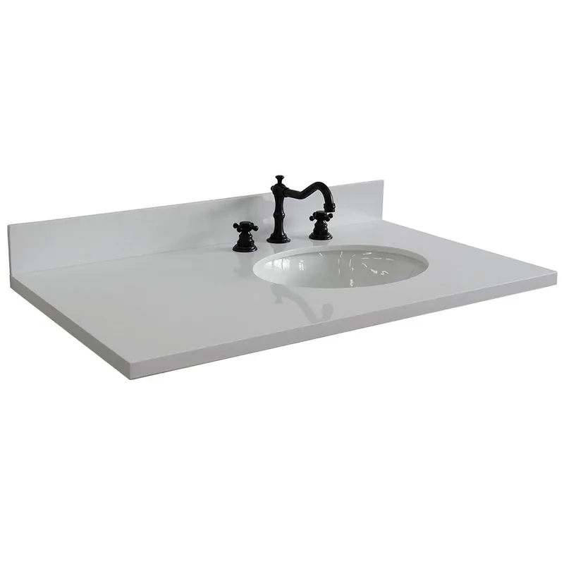 Bellaterra Home 37" x 22" White Quartz Three Hole Vanity Top With Right Offset Undermount Oval Sink and Overflow Seasonal Sale