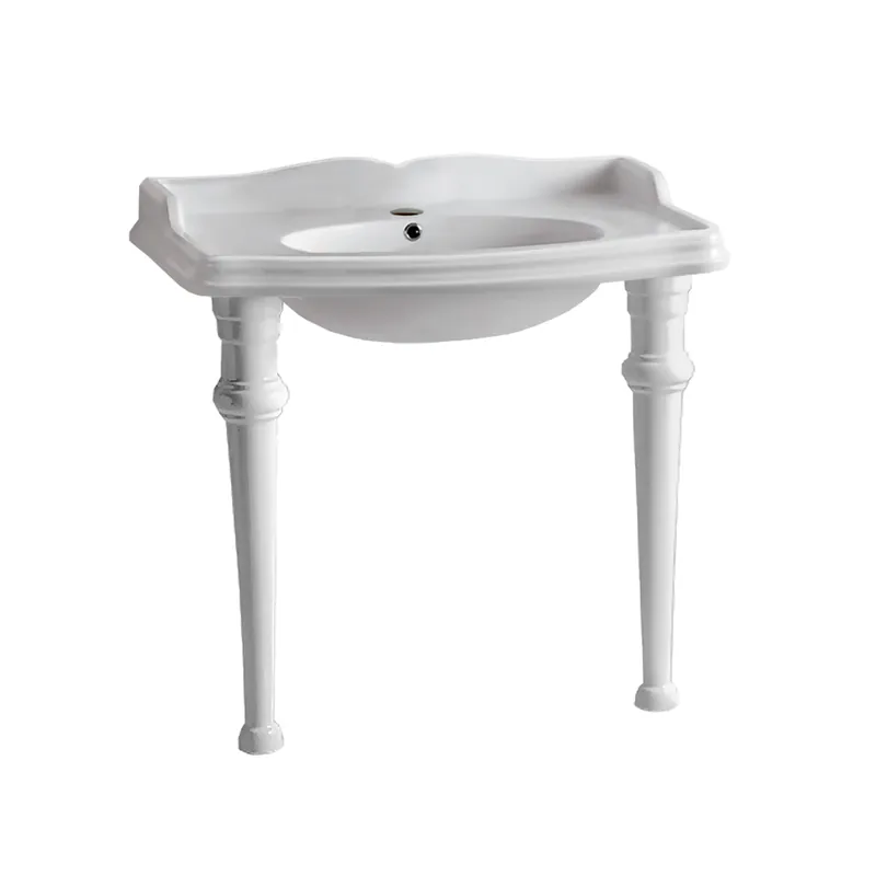 Luxury Whitehaus Isabella 40" White Vitreous China 3 Hole Rectangular Console Sink With Integrated Oval Bowl, Backsplash and Ceramic Leg Support