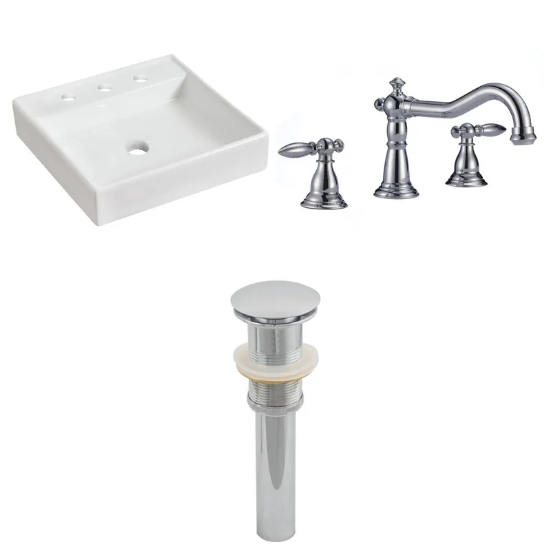 American Imaginations AI-26087 18" White Square Ceramic Above Counter Bathroom Vessel Sink Set Discount