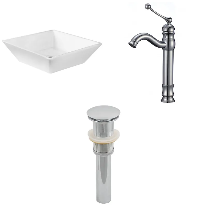 American Imaginations AI-15412 16" White Square Ceramic Above Counter Bathroom Vessel Sink Set Sale
