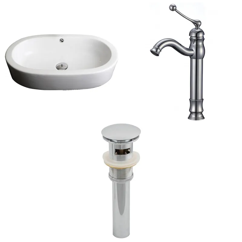 Hot Deal American Imaginations AI-15388 25" White Oval Ceramic Semi-Recessed Bathroom Vessel Sink Set