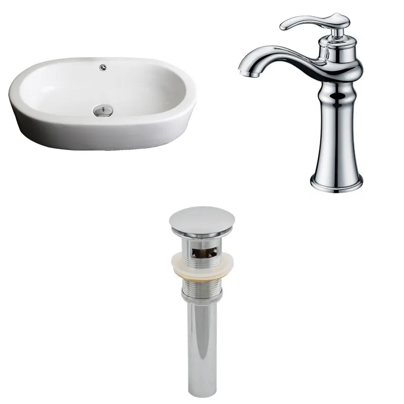 American Imaginations AI-15387 25" White Oval Ceramic Semi-Recessed Bathroom Vessel Sink Set Original