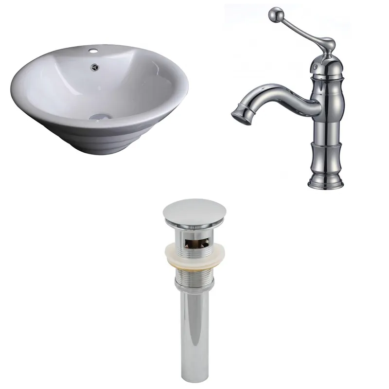 American Imaginations AI-15372 19" White Round Ceramic Above Counter Bathroom Vessel Sink Set Order Now