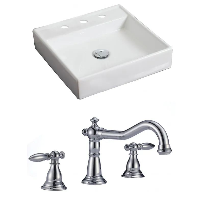 American Imaginations AI-15068 18" White Square Ceramic Above Counter Bathroom Vessel Sink Set Fresh Stock