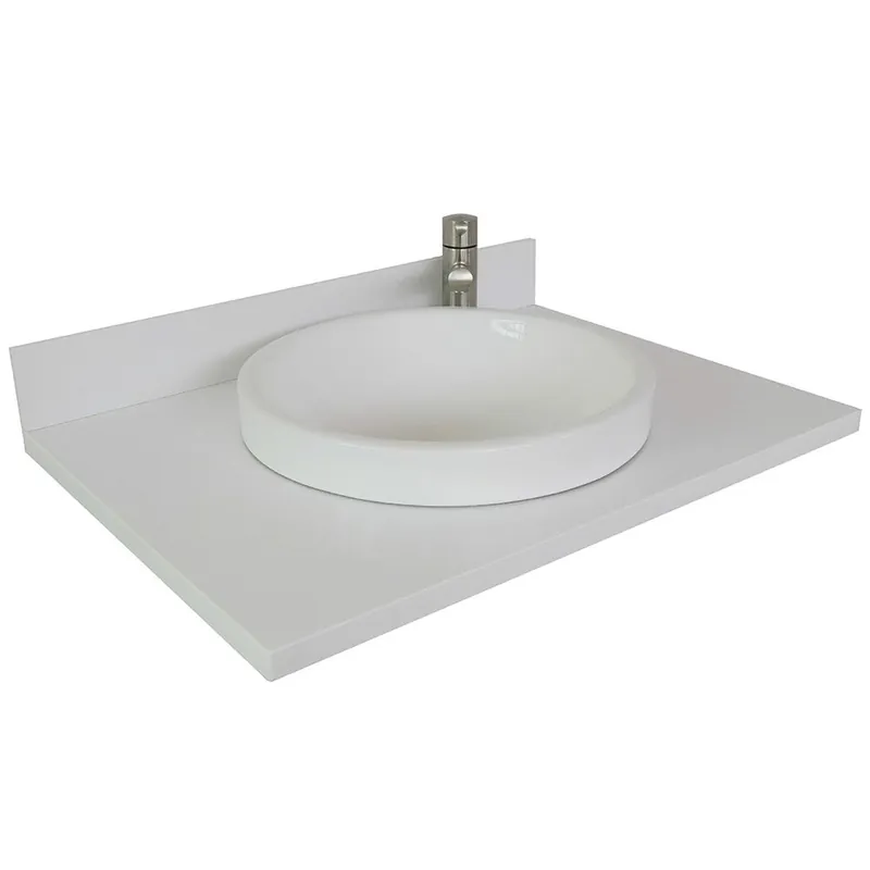 Flash Sale Bellaterra Home 31" x 22" White Quartz Vanity Top With Semi-recessed Round Sink and Overflow