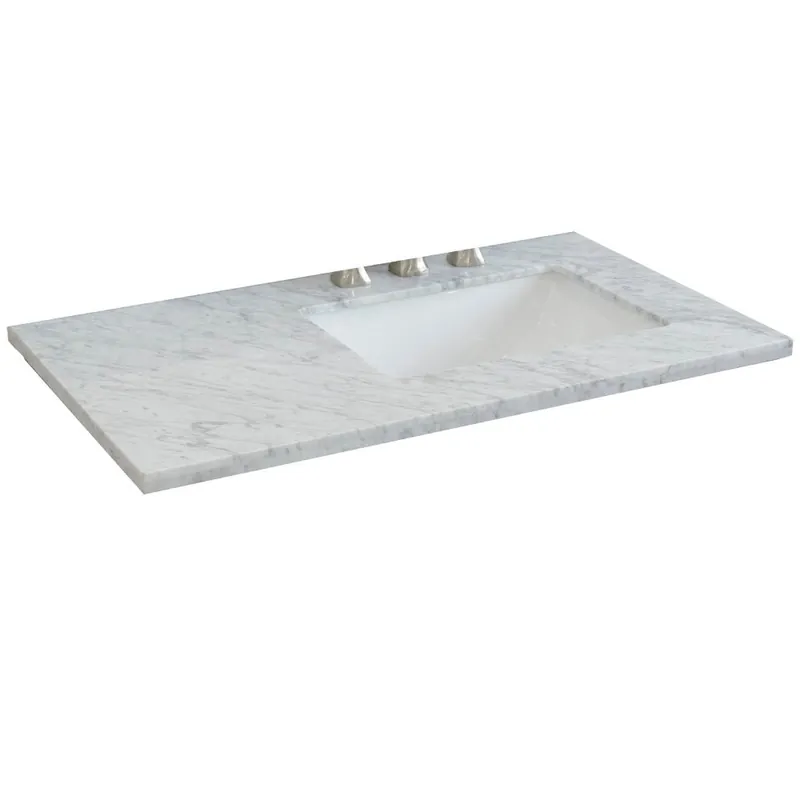 Bellaterra Home 37" x 22" White Carrara Marble Three Hole Vanity Top With Right Offset Undermount Rectangular Sink and Overflow Wholesale