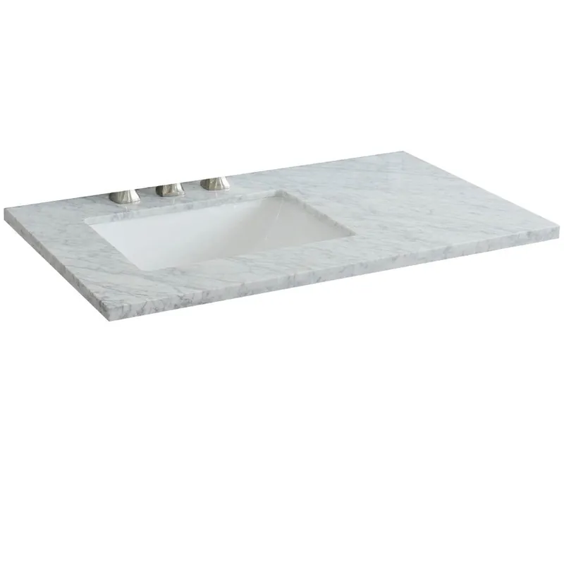 Professional Grade Bellaterra Home 37" x 22" White Carrara Marble Three Hole Vanity Top With Left Offset Undermount Rectangular Sink and Overflow