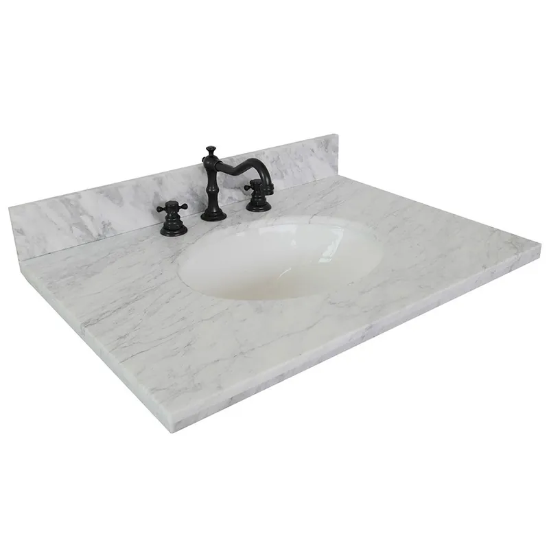 Get Yours Bellaterra Home 31" x 22" White Carrara Marble Three Hole Vanity Top With Undermount Oval Sink and Overflow
