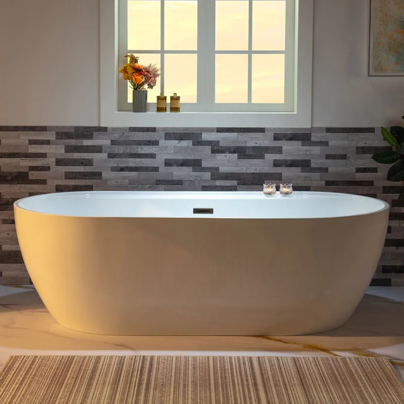 Genuine WoodBridge B0059 72" White Acrylic Freestanding Contemporary Soaking Bathtub With Oil Rubbed Bronze Overflow and Drain