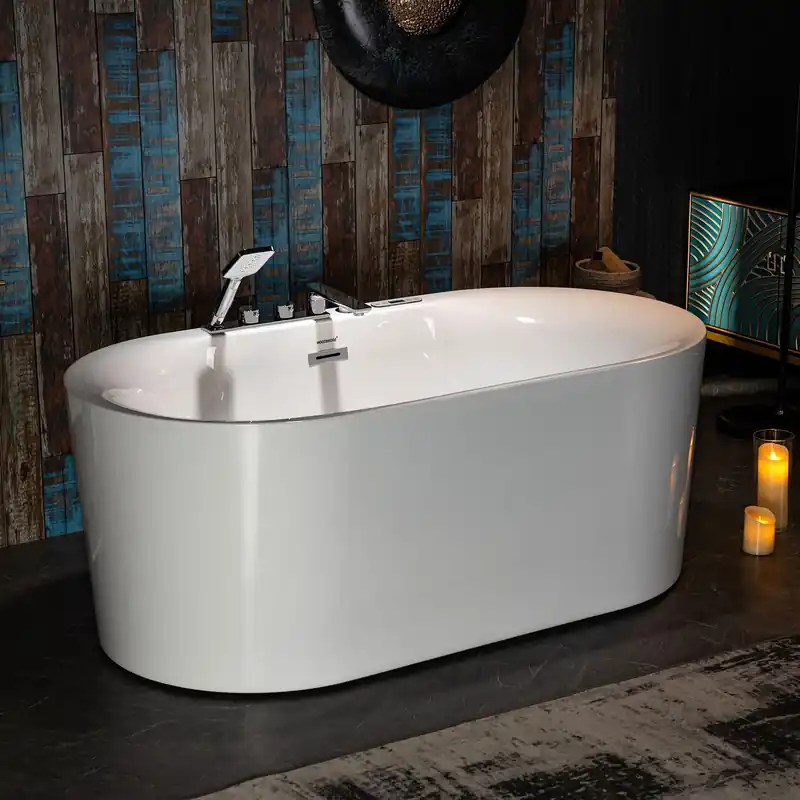 Exclusive Offer WoodBridge BJ100 60" White Acrylic Freestanding Whirlpool Water Jetted and Air Bubble Heated Soaking Bathtub With Tub Filler and LED Control Panel