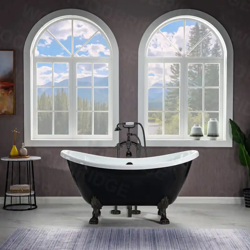 WoodBridge 59" Black Acrylic Double Slipper Clawfoot Bath Tub With Oil Rubbed Bronze Feet, Drain and Overflow Secure Checkout