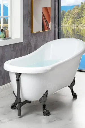 Affordable WoodBridge 67" White Acrylic Slipper Clawfoot Bath Tub With Oil Rubbed Bronze Feet, Drain and Overflow