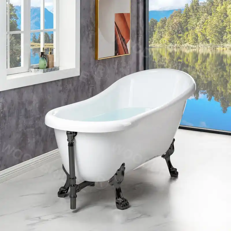 Affordable WoodBridge 67" White Acrylic Slipper Clawfoot Bath Tub With Oil Rubbed Bronze Feet, Drain and Overflow