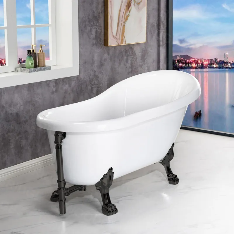 WoodBridge 59" White Acrylic Slipper Clawfoot Bath Tub With Oil Rubbed Bronze Feet, Drain and Overflow Trusted Brand