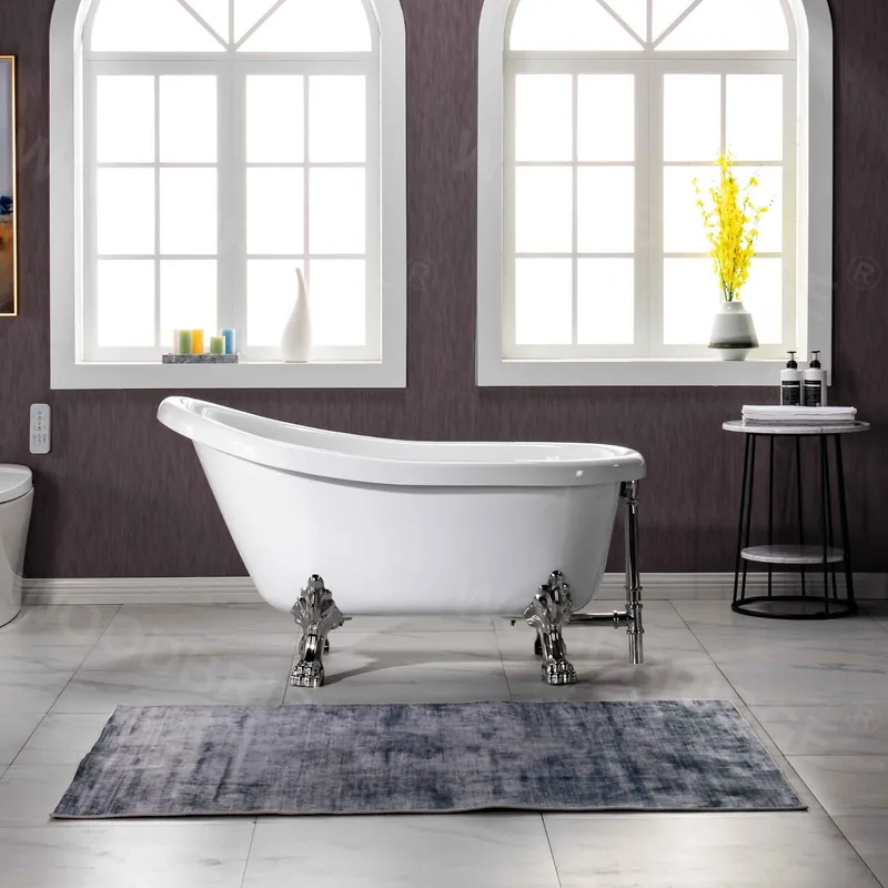 WoodBridge 54" White Acrylic Slipper Clawfoot Bath Tub With Brushed Nickel Feet, Drain and Overflow Handmade