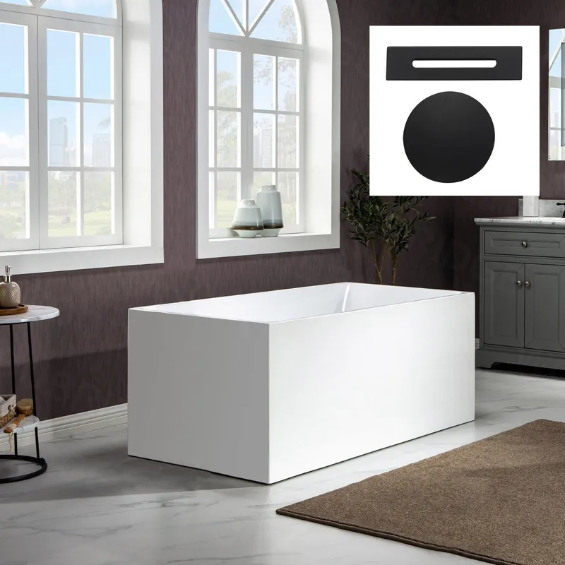 WoodBridge B-0086 67" White Acrylic Freestanding Soaking Bathtub With Matte Black Drain and Overflow Don’t Miss Out