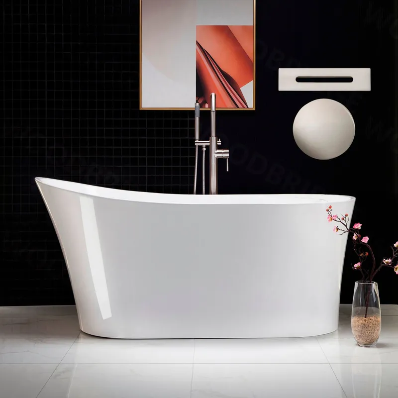 Crafted WoodBridge B0083 59" White Acrylic Freestanding Soaking Bathtub With Brushed Nickel Drain and Overflow