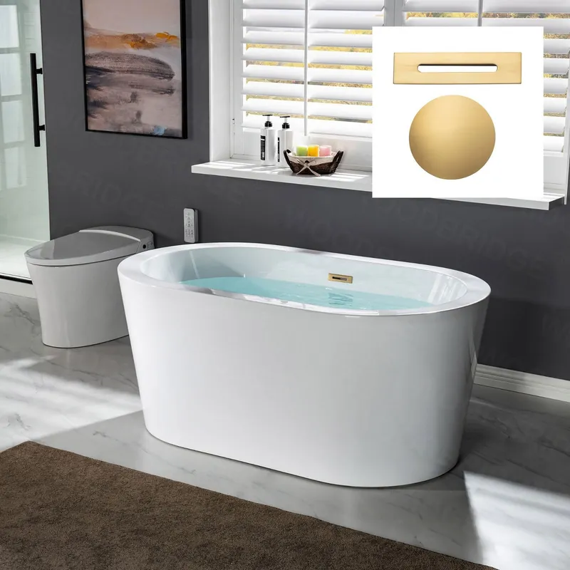WoodBridge BTA0088 56" White Acrylic Freestanding Soaking Bathtub With Brushed Gold Drain and Overflow Reduced Price
