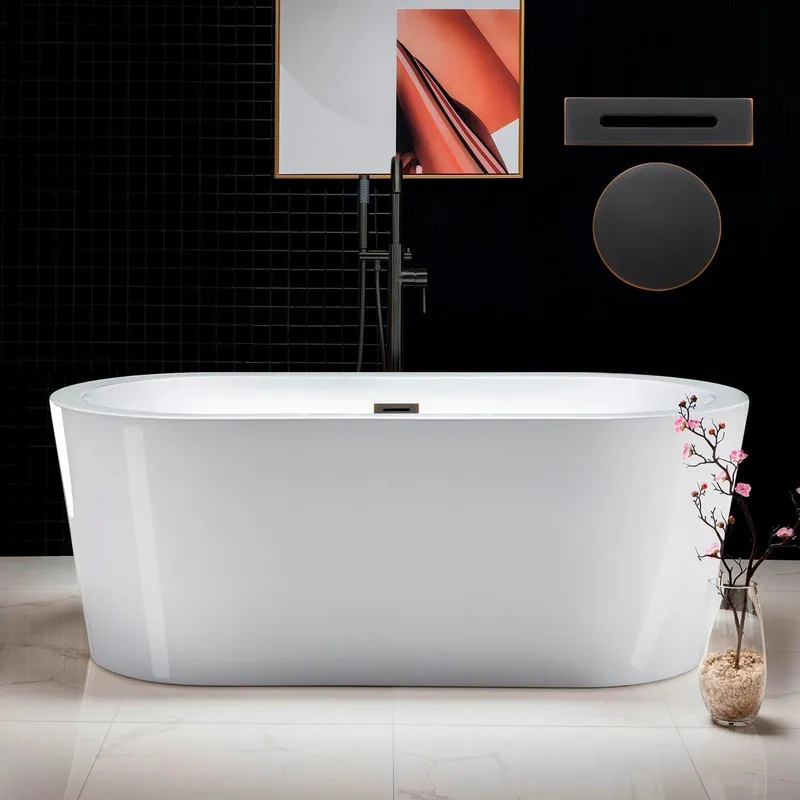 WoodBridge B0012 59" White Acrylic Freestanding Soaking Bathtub With Oil Rubbed Bronze Drain and Overflow Top Pick