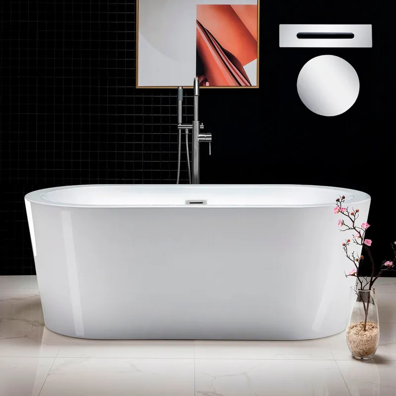 WoodBridge B0012 59" White Acrylic Freestanding Soaking Bathtub With Chrome Drain and Overflow Editor’s Pick