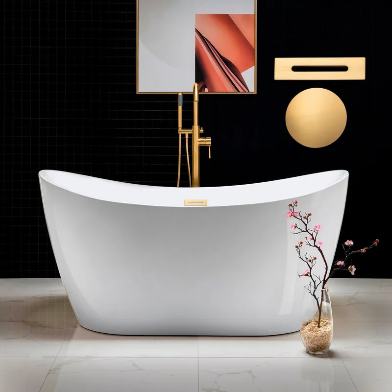 Original WoodBridge B0016 59" White Acrylic Freestanding Soaking Bathtub With Brushed Gold Drain and Overflow