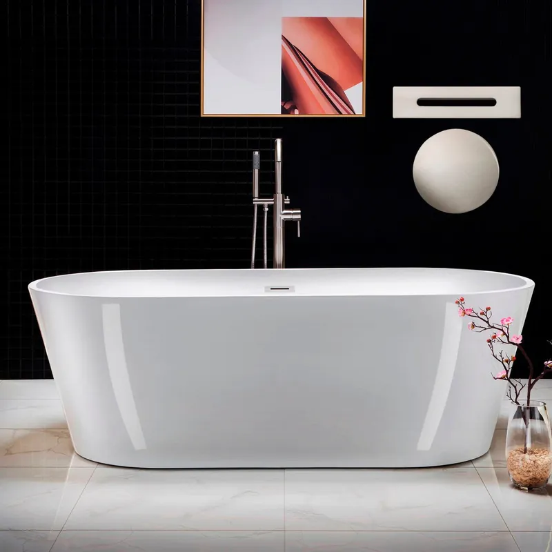 Sale WoodBridge 71" White Acrylic Freestanding Contemporary Soaking Bathtub With Brushed Nickel Drain and Overflow