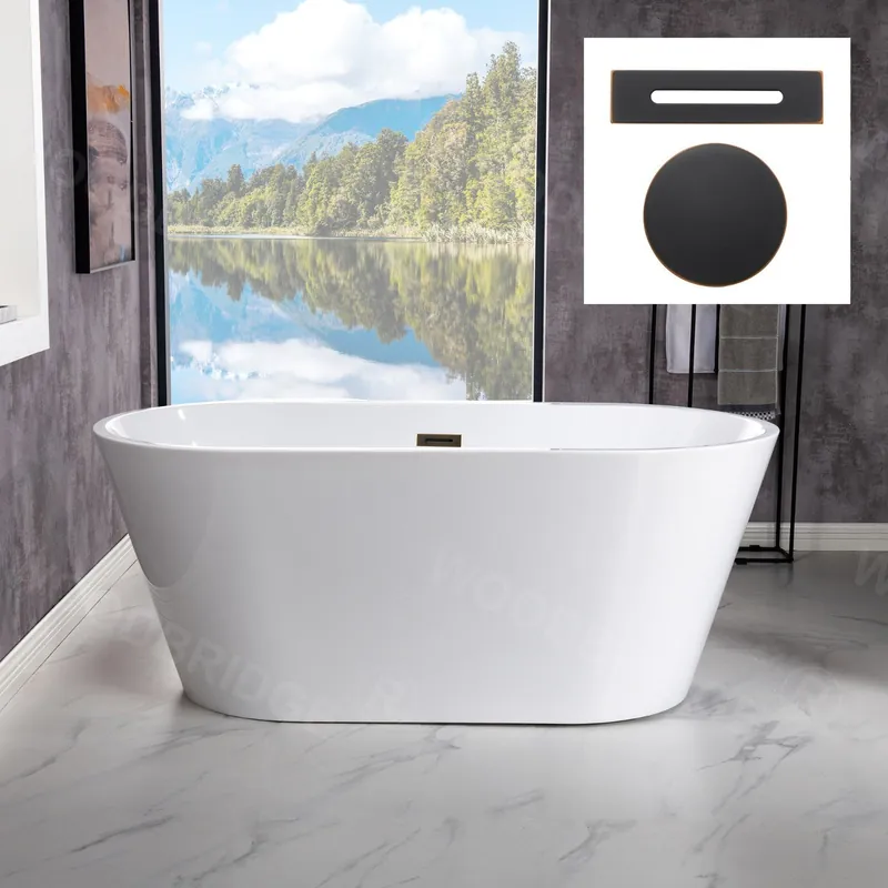 WoodBridge B1702 54" White Acrylic Freestanding Soaking Bathtub With Oil Rubbed Bronze Drain and Overflow Mega Sale