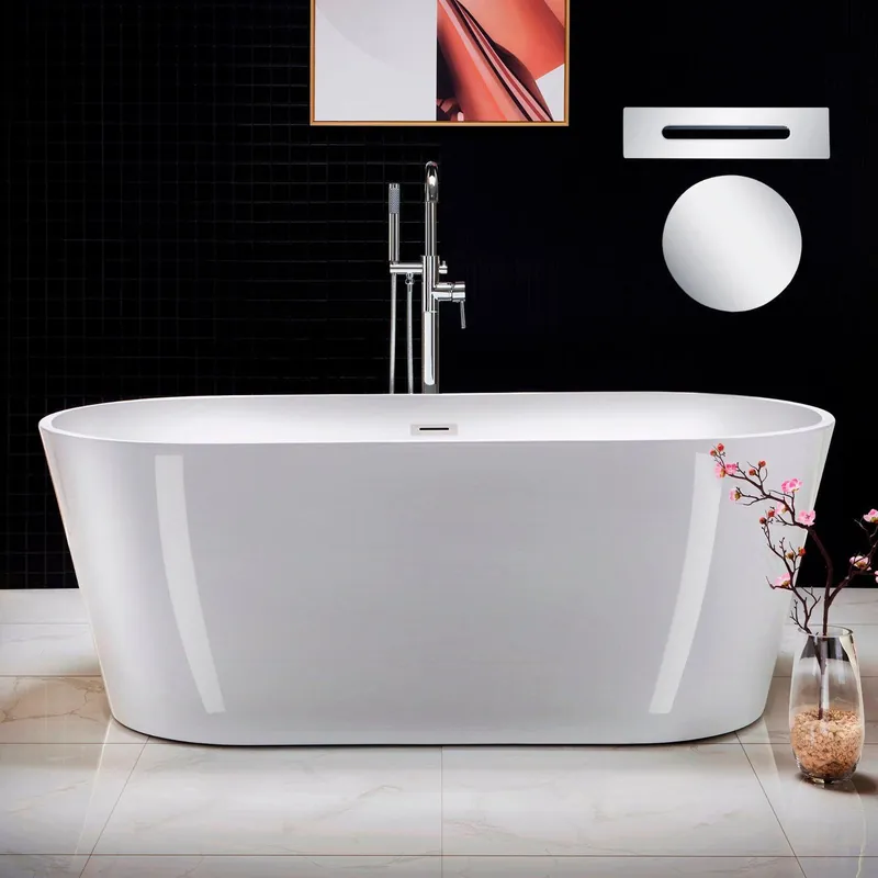 WoodBridge 67" White Acrylic Freestanding Soaking Bathtub With Chrome Drain and Overflow Reduced Price