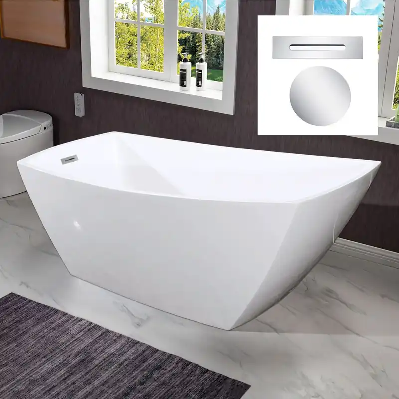 Exclusive Offer WoodBridge 67" White Acrylic Single Slipper Freestanding Soaking Bathtub With Chrome Drain and Overflow