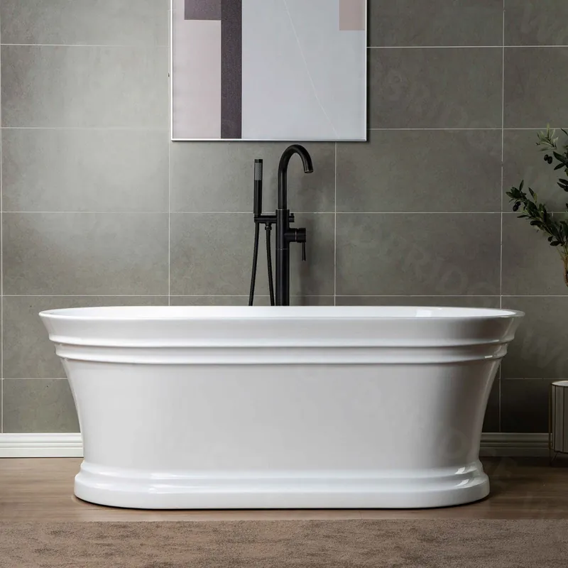 Latest WoodBridge 67" Glossy White Lucite Acrylic Freestanding Double Ended Soaking Bathtub With Oil Rubbed Bronze Center Drain Assembly and Overflow