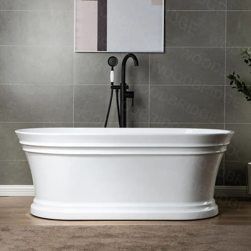 WoodBridge 67" Glossy White Lucite Acrylic Freestanding Double Ended Soaking Bathtub With Matte Black Center Drain Assembly and Overflow Shop Now