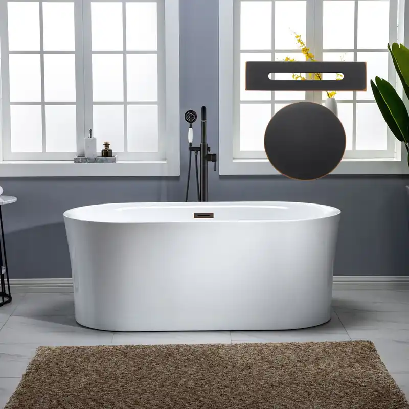 Premium WoodBridge 59" White Acrylic Freestanding Air Bubble Soaking Bathtub With Oil Rubbed Bronze Overflow and Drain Finish