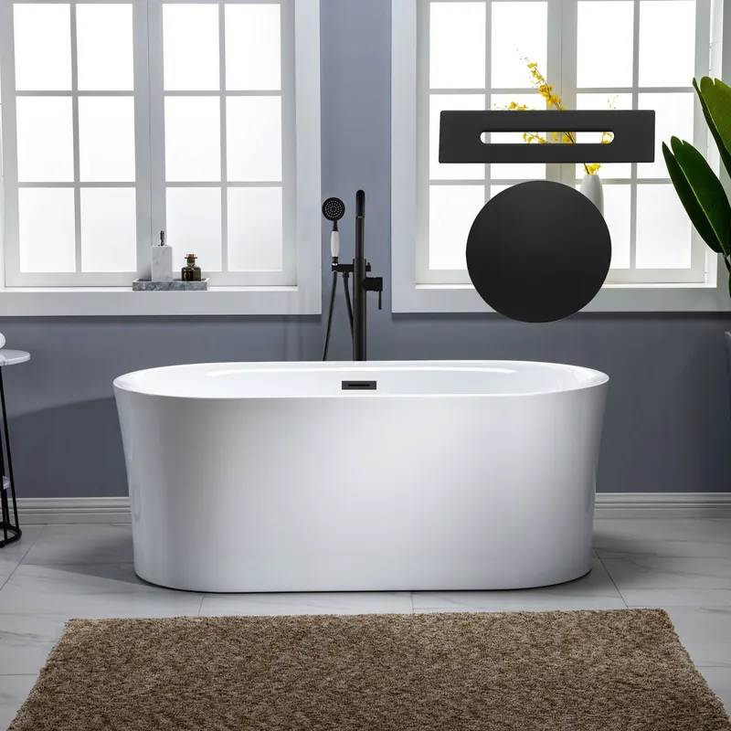 Seasonal Sale WoodBridge 59" White Acrylic Freestanding Air Bubble Soaking Bathtub With Matte Black Overflow and Drain Finish