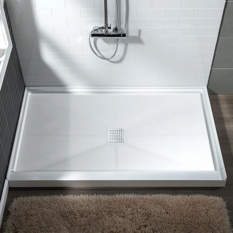 WoodBridge 48" x 36" White Solid Surface Shower Base Center Drain Location With Chrome Trench Drain Cover Seasonal Sale