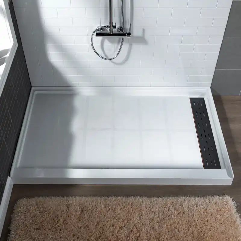 WoodBridge 48" x 32" White Solid Surface Shower Base Right Drain Location With Oil Rubbed Bronze Trench Drain Cover Top Rated