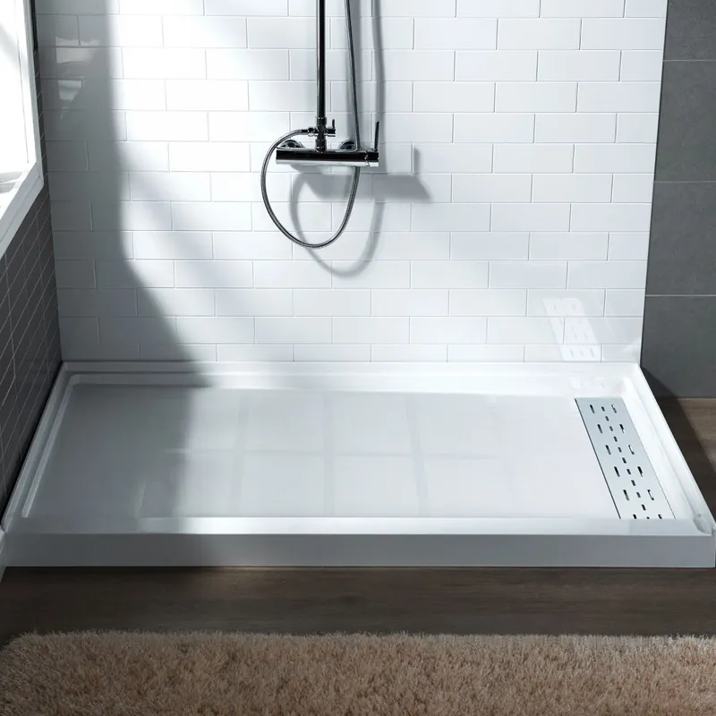 WoodBridge 48" x 32" White Solid Surface Shower Base Right Drain Location With Chrome Trench Drain Cover Buy Online