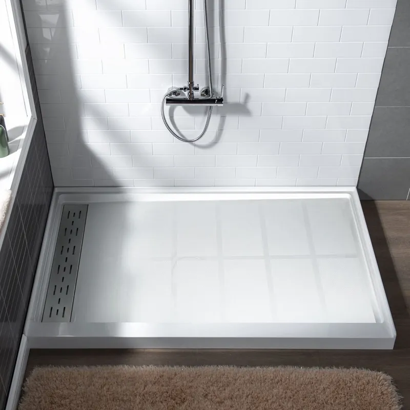 Don’t Miss Out WoodBridge 48" x 32" White Solid Surface Shower Base Left Drain Location With Brushed Nickel Trench Drain Cover