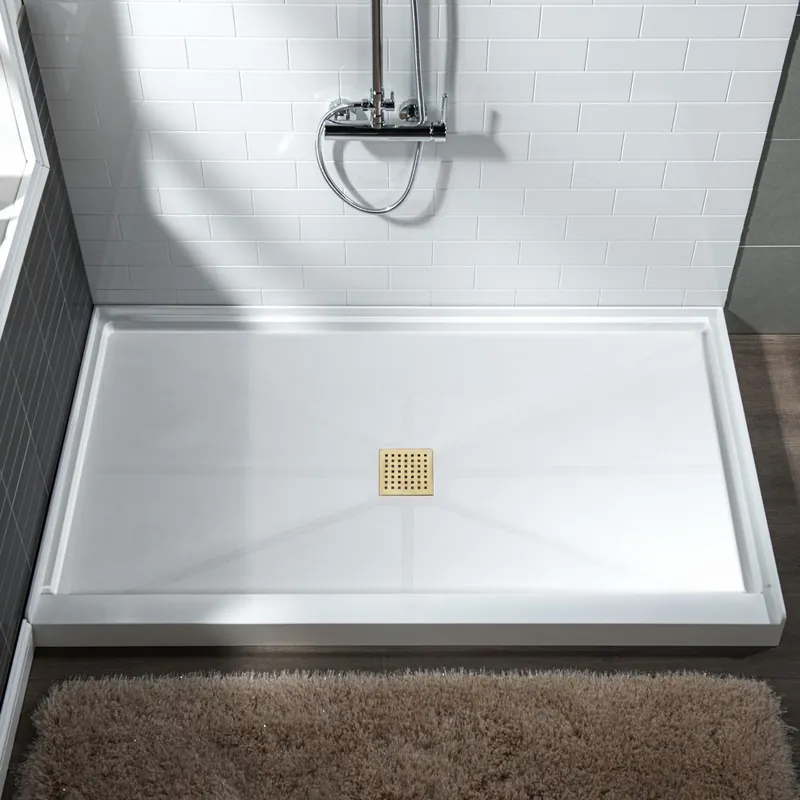 WoodBridge 48" x 32" White Solid Surface Shower Base Center Drain Location With Brushed Gold Trench Drain Cover Hassle-Free Returns