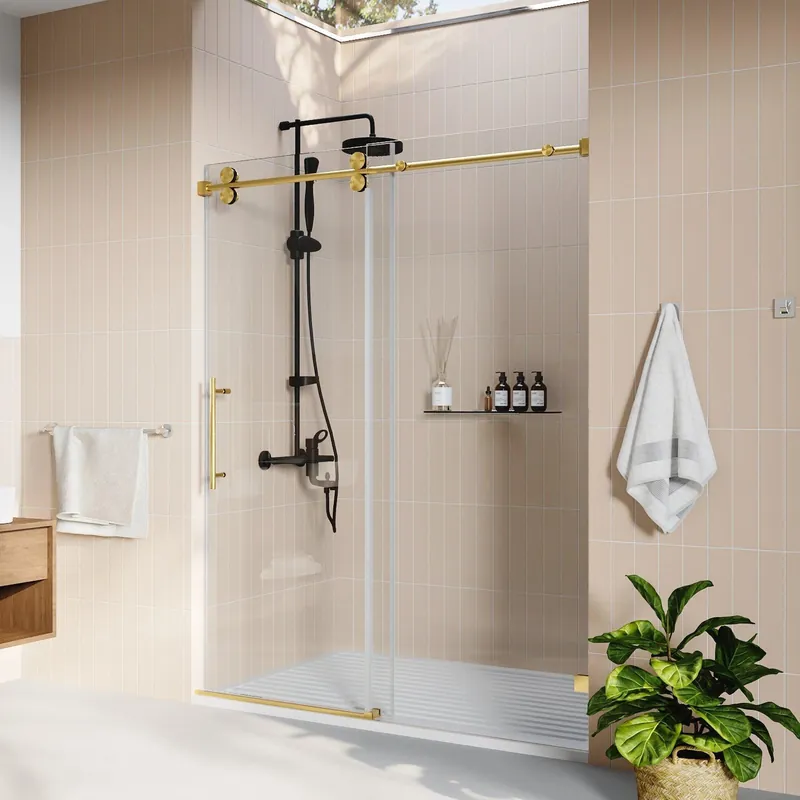 Editor’s Pick DeerValley Concord 56" Rectangular Single Sliding Frameless Shower Door With Gold Hardware