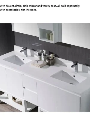 Brand New Blossom Monaco 73" x 22" White Quartz Vanity Top With Double Sink Hole And Backsplash