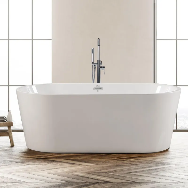 Buy Direct FerdY Shangri-La 67" x 32" Oval Glossy White Acrylic Freestanding Double Slipper Soaking Bathtub With Chrome Drain and Overflow