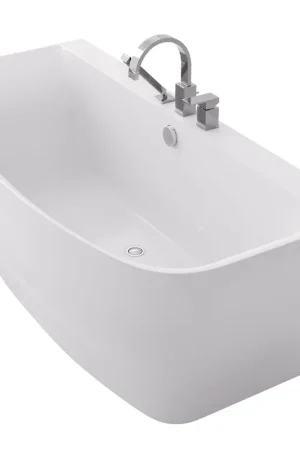 Trending ANZZI Bank Series 65" x 31" Freestanding Glossy White Bathtub With Built-In Overflow, Pop Up Drain and Deck Mounted Bathtub Faucet