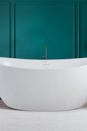 Clearance FerdY Naha 67" x 31" Oval Glossy White Acrylic Freestanding Double Slipper Soaking Bathtub With Brushed Nickel Drain and Overflow