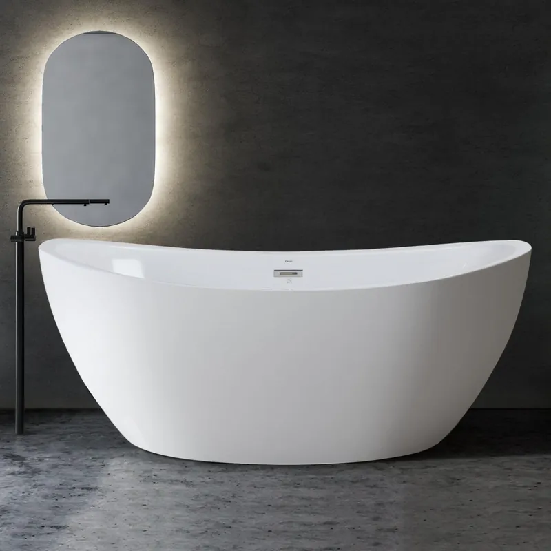 Deal FerdY Naha 67" x 31" Oval Glossy White Acrylic Freestanding Double Slipper Soaking Bathtub With Chrome Drain and Overflow