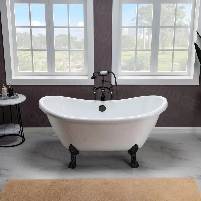 Best Price WoodBridge BTA1540 59" White Heavy Duty Acrylic Double Slipper Clawfoot Bathtub With Matte Black Feet, Drain, Overflow, F-0015 Tub Filler and Caddy Tray
