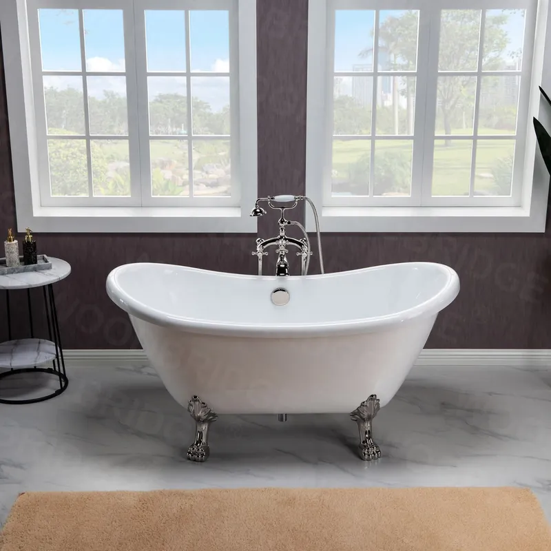 Top Rated WoodBridge BTA1540 59" White Heavy Duty Acrylic Double Slipper Clawfoot Bathtub With Brushed Nickel Feet, Drain, Overflow, F0070BNSQ Tub Filler and Caddy Tray