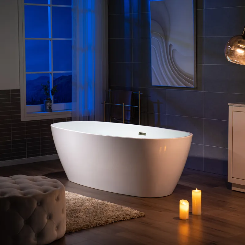 Next Day Delivery WoodBridge B1538 71" White Acrylic Freestanding Soaking Bathtub With Brushed Nickel Overflow, Drain, F0070BNVT Tub Filler and Caddy Tray